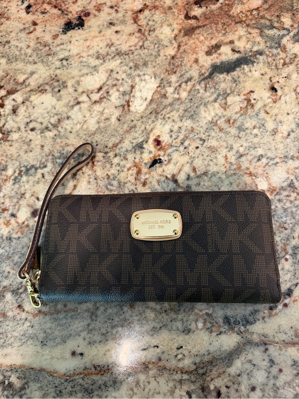 Michael Kors Brown/Gold MK Zip-Around Wristlet Wallet